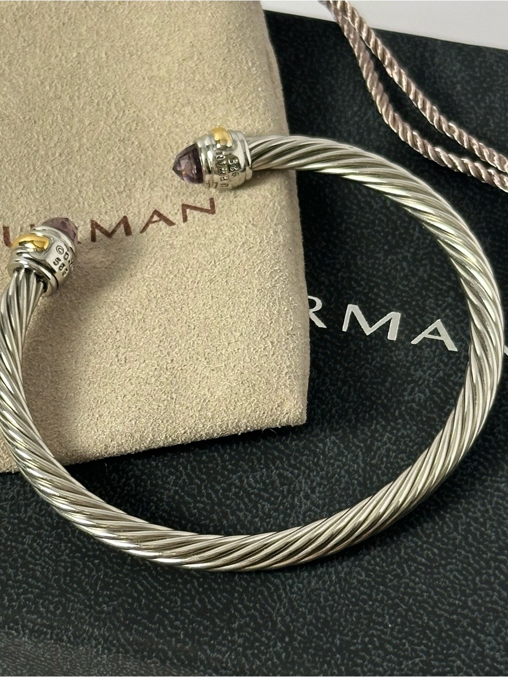 David Yurman 5mm Classic Cable Amethyst and 14kt Gold Accent Cuff Bracelet - Picture 3 of 7